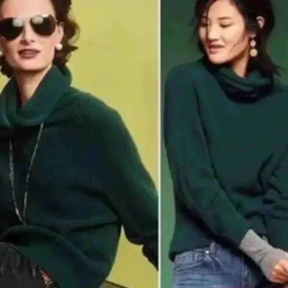 CABI HUNTER GREEN RIBBED TURTLENECK RUCHED SLEEVE SWEATER​